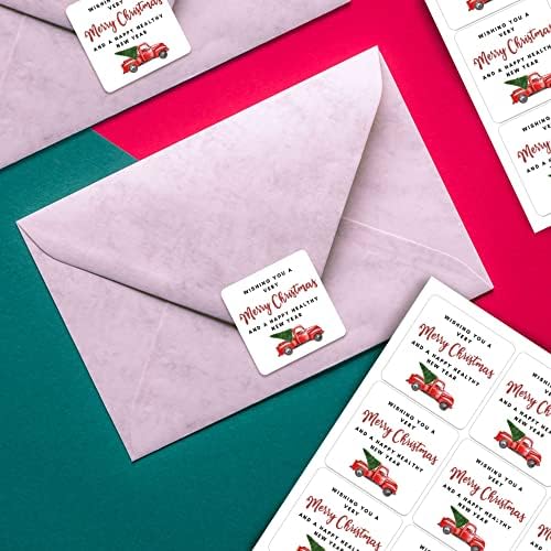 Mobiusea Creation 2021 Božićne naljepnice | pečati za koverte / 1,4 inča / Sretan Božić i Nova Godina / crveni kamion | vodootporan / 90-pakovanje za božićne poklone, koverte, praznične čestitke