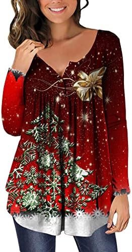Sortirano božićno drvce Henley majice za žene, četvrtinu gumb gore dugih rukava s dugim rukavima Dresisana laskavih namotanih vrhova