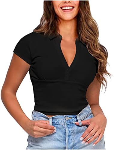 Ženska casual v vrat ovratnik gornje rebrasta pletena pletena majica kratkih rukava Solid Color Stretch Henleyji košulja Comfy bluza