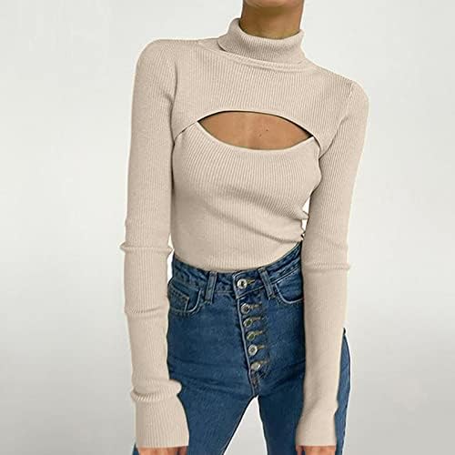 Ženski slatki fit tortleneck džemper seksi izrezao prednji vrhovi dugih rukava pulover s rebraste bluze majice ključana