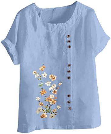 Plus size pamučne majice za pamučne posteljine žene cvjetni print s kratkim rukavima vrhovi modne casual crewneck prevelike bluze