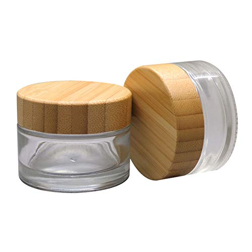 2pcs 50ml Clear Staklene boce za punjenje kruga kozmetičkih staklenka za skladištenje sa prirodnim poklopcima od bambusa i brtveni unutrašnjost za kremu za lice, uzorke, balzam, šminka Emulzija