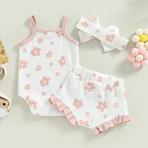 Mandizy Newborn Baby Girl Odjeća Ljeto cvjetni print pletiva bez rukava rubcele bluže kratke hlače 3pcs odijelo