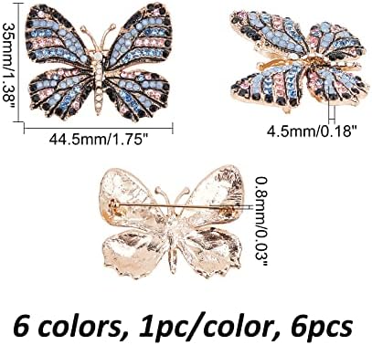 Chgcraft 6pcs 6 boja Butterfly Brooch PIN SET Rhinestone Butterfly Brooch Pins Badge Multicolor Leptir PIN za majice s šal za majice za majice, hladnjak za mladenke, 35x44,5x4,5mm
