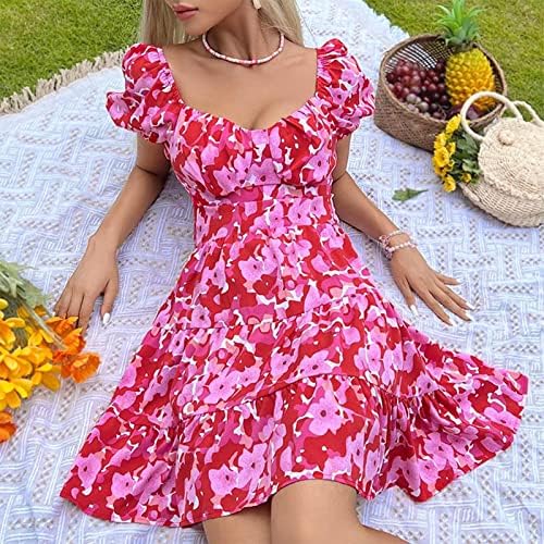 HCJKDU mini haljina za žene niske rez V izrez s kratkim rukavima cvjetni print kratke haljine bez legane labave