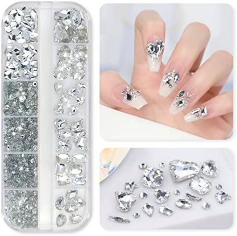 GAOY bijeli Rhinestones za nokte, 1180 kom dragulji za nokte za zanat, 12 stilova jasni 3d višestruki oblici i okrugli ravni kristalni dragulji ukrasite DIY Set