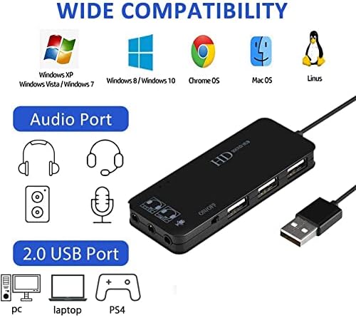 PEIYUI USB Hubs Audio Adapter eksterna Stereo zvučna kartica sa 3.5 mm slušalicama i mikrofonom i 3 USB priključkom