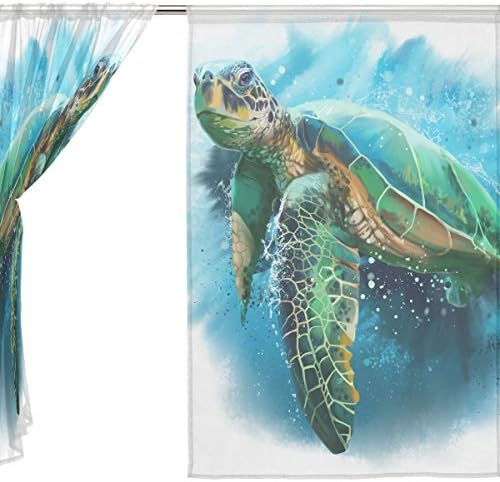 Cvjetna velika morska kornjača Vodenicolor Poluista čista zavjesa prozor Voile Drapes Ploče - 55x84in za dnevnu sobu Dječja soba, 2 komada