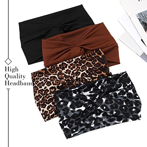 Fashey Wide Headbands Boho Head Band Extra Large Hair Bands Stretch Turban head Scarfs Twisted Hairband Leopard Head Bands Fashion Head Wraps African Head Wraps Hair Accessories For Women Pack of 4
