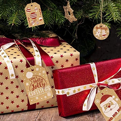 JOYIN 144 kom razne Kraft papir poklon oznake sa printovima za božićni poklon omotač naljepnice DIY umjetnost i obrt sa kanapom od 47,25 stopa