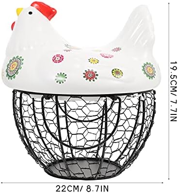 Hemoton metalna žičana korpa za jaja sa keramičkim gornjim dijelom za piletinu i ručkama za seosku kuću Organizator futrola za voćnu užinu posuda za sakupljanje svježih jaja bijela