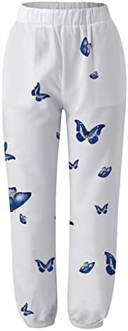 Ženske pamučne posteljine duge hlače plus veličine Leptir Ispiši ravne pantalone elastični struk lagane dukseve sa džepovima