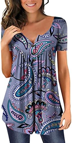 Vintage print tunike za žene Sakrij stomak masti majice Plus Size ljeto Casual kratki rukav dugme Up V vrat bluze