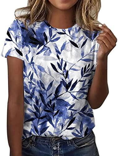 Adpan Womens svakodnevno ljeto lišće ispis o vrat rezervoari na kratkim rukavima majica sa kratkim rukavima Ležerne prilikom labavog pamuka Spandex Womens T kratak i-plava