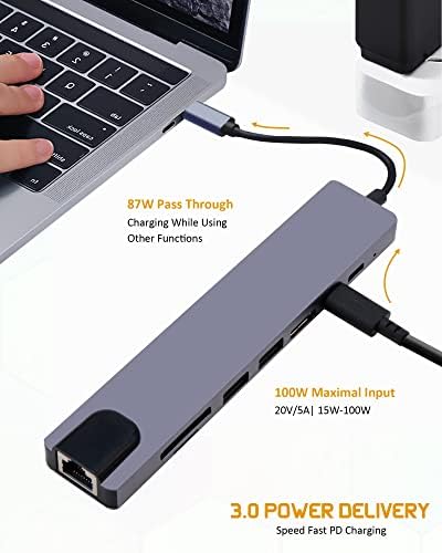 USB C HUB, 8 u 1 USB C čvorištu Multiport adapter sa HDMI 4K izlazom, isporukom napajanja C Punjenje 8 Port Hub, USB čvorište sa SD karticom Pročitajte za MAC MacBook Pro iPad XPS