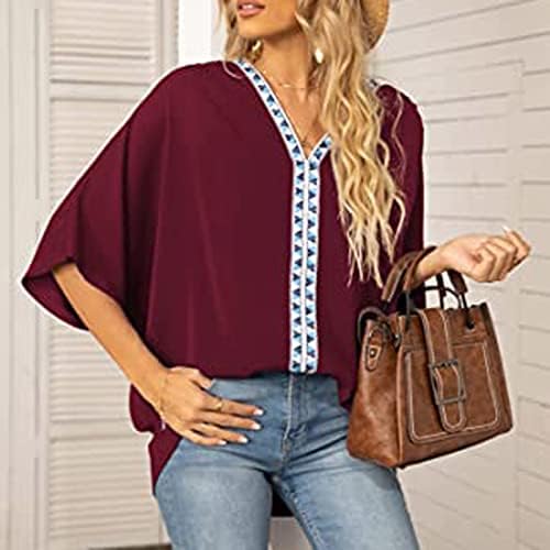 Boemian Basic Lounge Bluze za djevojke Kratki rukav duboki V izrez Šifon vezeni grafički vrhovi majica Žene