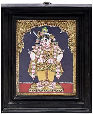 Egzotična Indija 10 x 13 slika gospodina Krišne Tanjore / tradicionalne boje sa 24k zlatom / okvir od Teakwooda / zlato &