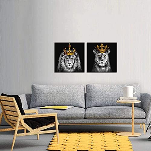 DuoBaorom 2 komada King Animal Lion i Lioness Canvas Wall Art crno-bijeli Lav sa zlatnom krunom slika Artwork Giclee Print Gallery Wrap za uređenje spavaće sobe Kućni dekor spreman za vješanje 12x12inchx2kom