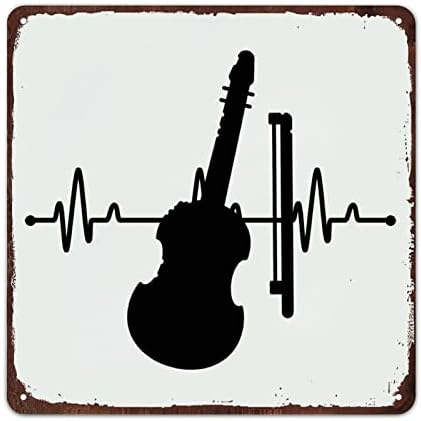 Mousus violin Heartbeat EKG EKG retro metalni znak, violinska zidna ploča za limenu trajnu, muzički instrumenti Prijava za ured Početna ClassOroom Zidni dekor, kvadrat 12x12 inčni