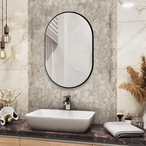 Conguiliao Zidno montirano ogledalo, 20 x 30 ovalno zrcalo za kupatilo, zidno ogledalo tableta Ogledalo W / Crna metalni okvir, vertikalna i horizontalna, dekor za ulaz, spavaću sobu, dnevni boravak