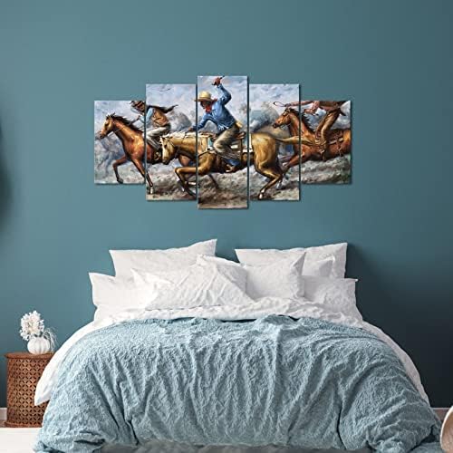 sechars 5 Piece Western Cowboy Canvas Wall Art Vintage Cool Konji trčanje slikarstvo Retro Američki Rodeo Picture Poster divlji zapadni stil dekor za dnevni boravak kućna kancelarija Muška dekoracija spavaće sobe