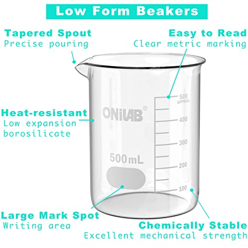 Onilab set čaša za mjerenje stakla 50ml 100ml 250ml 500ml 1000ml 3.3 Boro Griffin Low Form sa štampanim diplomskim naučnim staklenim posuđem za laboratorije, učionice ili kućnu upotrebu