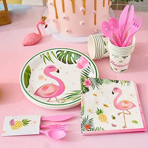 Wernnsai Flamingo Set posuđa-Tropical Luau Hawaiian tema potrepštine za zabave za djevojčice rođendan Baby Shower Picnic uključuje ploče salvete čaše noževi viljuške kašike služi 16 gosti 96 stav