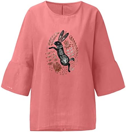 Žene Uskršnje pamučne posteljine ljeto 3/4 rukave slatke zečeve grafičke majice Crewneck Christian Tees Bluzes
