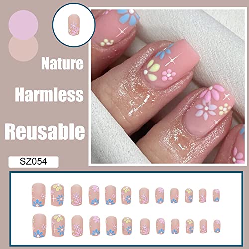 Kratka štampa na noktima Pink Square lažni nokti umjetni za žene Full Cover proljeće ljeto cvijeće lažni