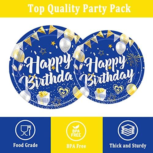 Blue Birthday Party Supplies služi 24, plave i srebrne tanjire za zabave, salvete, viljuške za muškarce, žene, djevojčice ili dječake, ukupno 96 kom