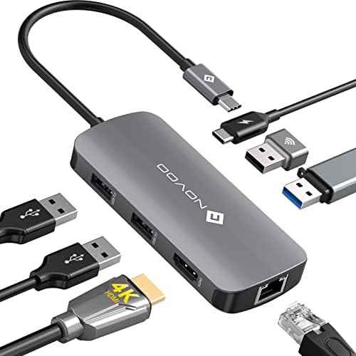 Novoo USB C čvorište sa Ethernet adapterom, USB razdjelnikom 4K HDMI adapter sa 100W PD, 3 USB 3.0 priključka, 1 USB 2.0 priključak, 7-port Slim USB C priključna stanica za laptop, površina, dell xps