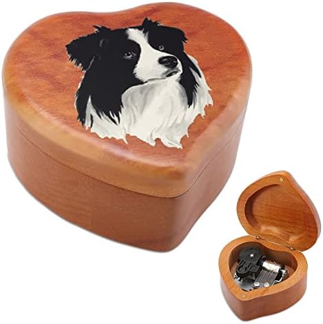 Slatka granična Collie Hound Wood Music Box WindUp u obliku srca u obliku tiskanih kutija za glazbene kutije za