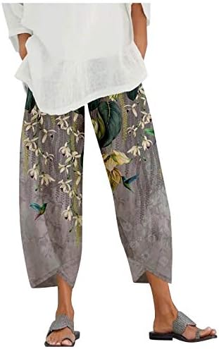 XXBR Ljetne hlače za žene, Boho tiskani povremeni pamučni posteljina široka noga elastični struk kapris obrezane hlače