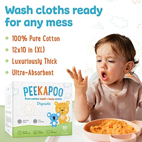 Peekapoo - 50 pakovanja, pamučne bebe Burpe krpe + krpe za pranje | Biorazgradiv + za jednokratnu upotrebu | Mekane, guste, dječje pereve, bezljenu, hipoalergenička krpa, čisti ručnici XL, osjetljiva koža