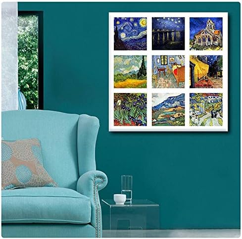 Alonline Art - Collage # 4 zvjezdani noćni kafić Vincent Van Gogh | Uokvirene rastegnute platno na spremnom za obuću okvira - pamuk - Galerija umotana | 32 x32 - 81x81cm | Zidni umjetnički dekor za dom