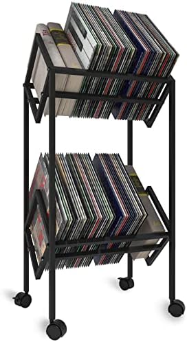 Bukfen Vinyl Skladište, mobilni 2-tier držač za snimanje, stajalište za snimanje od 160 do 200 LP sa kotačićima, pogodnim za prikaz albuma, knjige, časopisi, uredske datoteke, crne