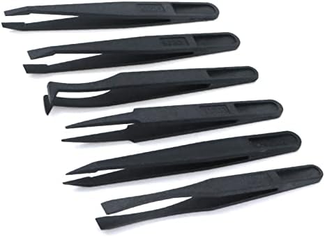 Mewutal 6kom anti-statički plastični pinceta komplet Crna ravna šiljasta i lakatna pinceta elektronika DIY