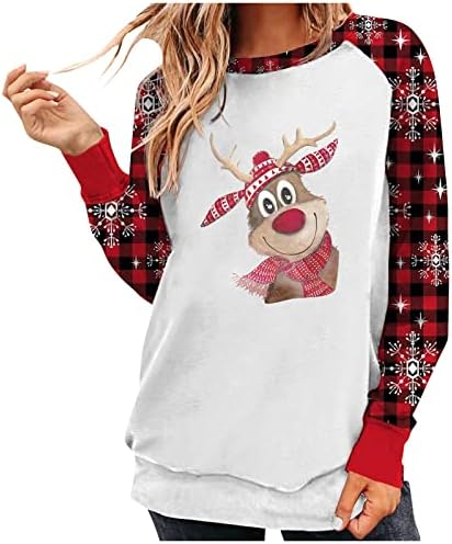 Ružan Božićni džemper za žene smiješna dukserica sa Crewneck pahuljicom karirana bluza dugih rukava slatke grafičke majice