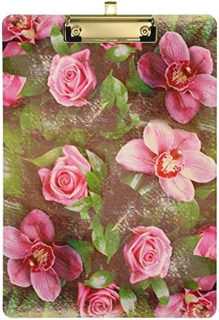 Alaza akril Clipboard, Romantic Floral Retro Chic Grunge Clipboard A4 standardne veličine 9 x 12.5 sa niskim profilom Metal Clip