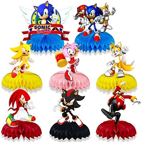 8 pakirajte Sonic rođendanske potrepštine,Sonic potrepštine za zabavu,Sonic dekoracije za zabavu, Sonic Honeycomb središnji dijelovi, 3d dvostrani Toperi za stolove sa saćem.