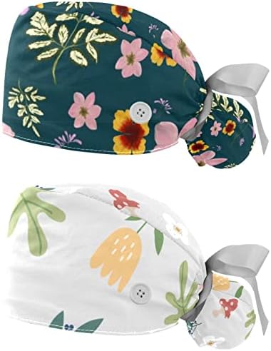 2 pakovanja čišćenje čepova Žene sa gumbima, podesivi elastični kravatni kape, cvjetni cvjetni bouffant hirurški