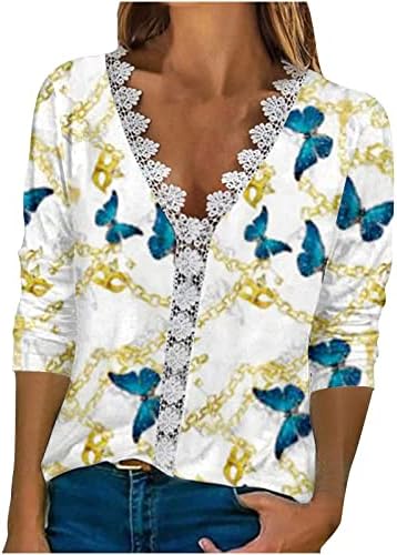 Žene ljetne elegantne majice V izrez Crochet čipke Košulje Cvjetni print 3/4 rukava Tee vrhovi 2023 casual