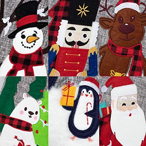 Set od 6 božićnih čarapa Siva Burlap Buffalo Red Plaid Soft Faux Fur 20 inča Lijep uzorak vez za porodične ukrase