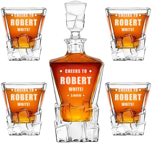 Maverton personalizirani dekanter za viski i 4 čaše za muškarce-elegantan set viskija za njega-model kockica leda-Moderan