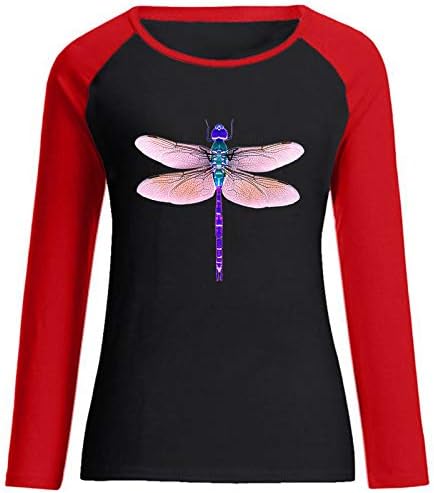 Ženske Raglan Dukseve Sa Crewneck Vrhovima Slatka Dragonfly Print Pulover Košulja U Boji Blok
