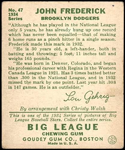 1934 Goudey 47 John Frederick Brooklyn Dodgers VG / Ex + Dodgers