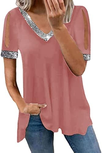 Ženski V vrat hladno rame svjetlucave šljokice gornji kratki rukav svjetlucave košulje za zabavu bluza Dressy