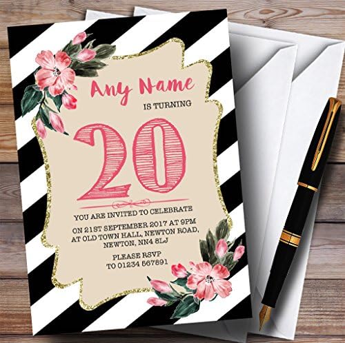 Crno-bijeli prugasti ružičasti cvijet 20. personalizirani pozivnice za rođendan