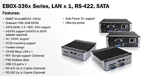 Mini Box PC EB-3362-L2B1C1422 podržava VGA izlaz, RS-422 Port x 2, RS-232 Port x 1, SATA Port x 1 i automatsko uključivanje. Sadrži 10/100 Mbps LAN x 1, 1 Gbps LAN x 1.
