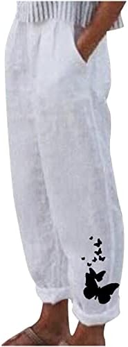 Pamučne lanene ošišane hlače ženske ljetne Ležerne kapri hlače s džepovima visokog struka udobne hlače na plaži